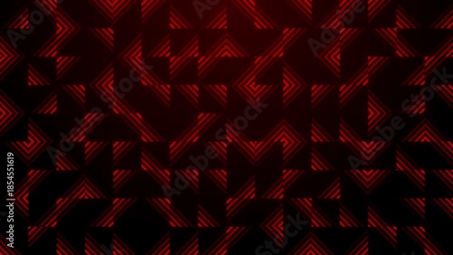 Abstract background featuring wide grid of glowing red striped triangles, shifting diagonally with random changes in direction and gradient intensity, creating seamless futuristic geometric animation.