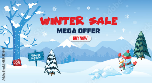 Winter Sale Banner. Mega Offer Discount. A vector landscape design of snowy mountains, snowman, pine trees and buy now button for a seasonal promotion, holiday ad, and Christmas deal.