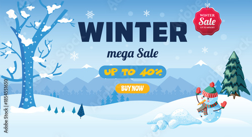 Winter Mega Sale. 40% Off Banner. A vector landscape design of a happy snowman, large pine tree, buy now button and mountains for a seasonal promotion, holiday discount, and retail ad.