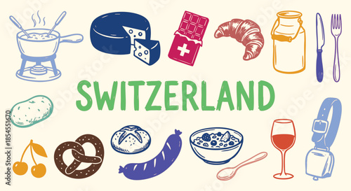 Switzerland Icon Set. Swiss Culture. A hand drawn vector collection of fondue, cheese, chocolate, cow bell, sausage and pretzel for a travel guide, food menu, and tourism brochure.