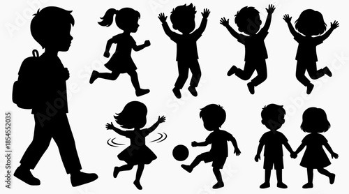 Children Silhouette Set Showing Playful Activities and Happy Childhood Moments