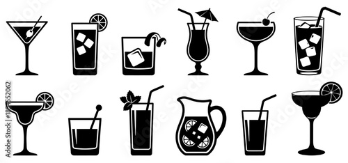 Cocktail and Beverage Glass Silhouette Set with Ice, Straw, and Garnish