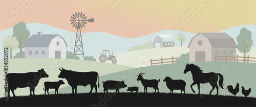 Farm Animal Silhouettes on Rural Countryside Landscape at Sunrise Illustration