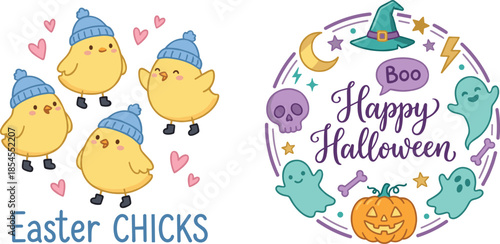 Easter chicks and Halloween icons with ghosts, pumpkin, skull, festive symbols, cute holiday mix – flat vector illustration