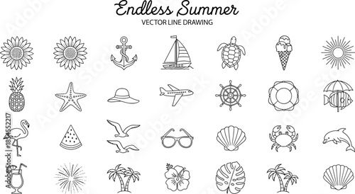Endless summer icon set with sun, sea, travel, tropical fruits, animals, flowers, beach symbols, flat vector illustration