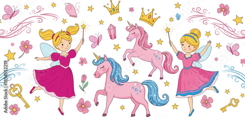 Fantasy fairies and unicorns with stars, crowns, keys, butterflies, magical elements and swirls, flat vector illustration