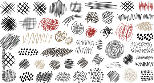 Hand-drawn sketch texture set with scribbles, swirls, zigzags, dots, lines, crosshatches, artistic marks, flat vector illustration