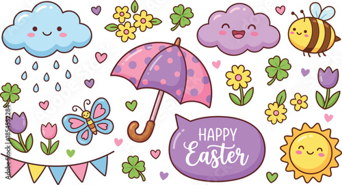 Happy Easter spring design with smiling clouds, sun, bee design with smiling clouds, sun, bee, umbrella, flowers