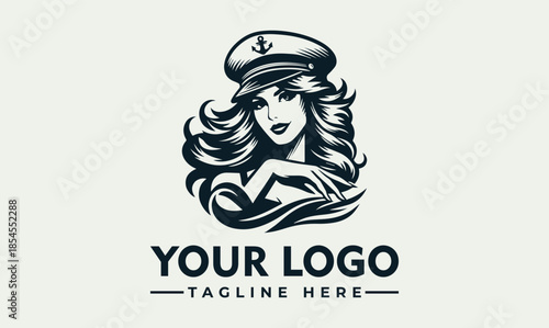 A vector logo design featuring a stylized illustration of a woman dressed as a sailor with long hair and a cap on a light green background with space for a logo and tagline.