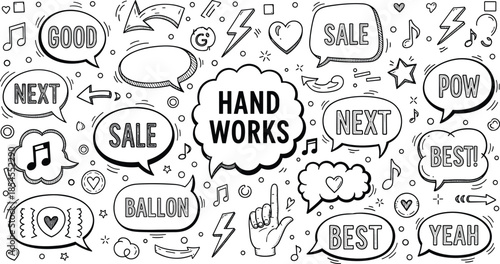 Hand-drawn speech bubbles and symbols, playful cartoon style, expressive doodles, creative design elements, black and white, flat vector illustration