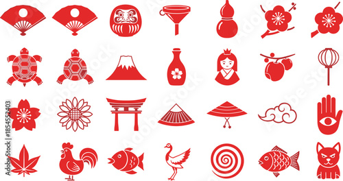 Japanese cultural icons set with Mount Fuji, daruma, plum blossoms, lanterns, animals, traditional symbols, flat vector illustration