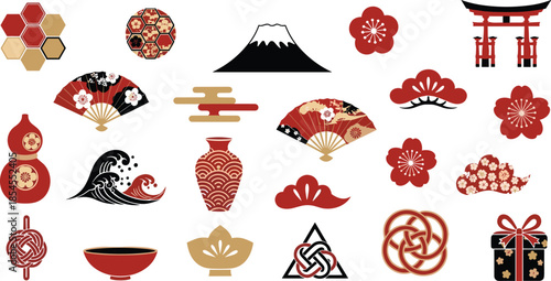 Japanese cultural motifs with Mount Fuji, plum blossoms, fans, waves, knots, clouds, traditional symbols, flat vector illustration