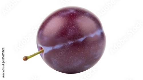 Ripe plum fruit PNG isolated on transparent background, fresh purple plum with stem for healthy eating and fruit-themed designs
