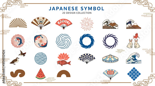 Japanese symbol collection with traditional icons, animals, fans, waves, flowers, kabuki motifs, cultural patterns – flat vector illustration