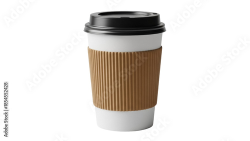 Coffee cup with black lid and cardboard sleeve isolated PNG, hot beverage container for cafe and restaurant use on transparent background