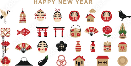 Japanese New Year celebration icons, traditional symbols, festive elements, cultural motifs, seasonal illustration set, black and white, flat vector illustration