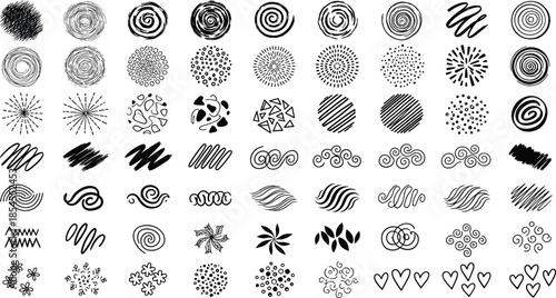 Black and white abstract decorative elements, swirls hearts dots lines floral geometric motifs, design bundle, flat vector illustration