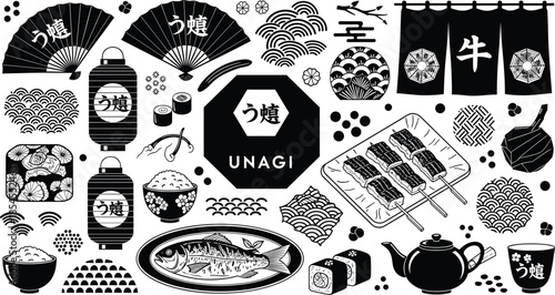 Japanese unagi cuisine collage with fans, lanterns, sushi, rice bowls, teapot, cherry blossoms – flat vector illustration