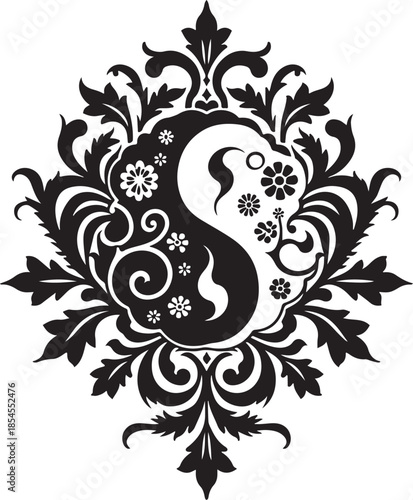 Black yin yang symbol with floral scrollwork white