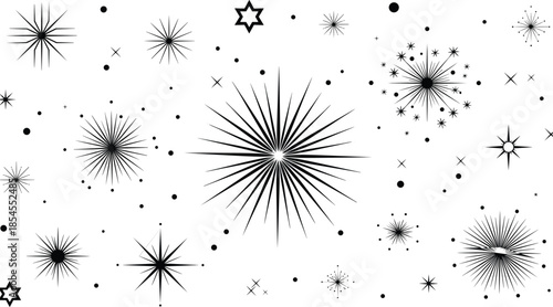Celestial starburst and dot pattern collection, abstract fireworks, cosmic sparkle, decorative black elements – flat vector illustration