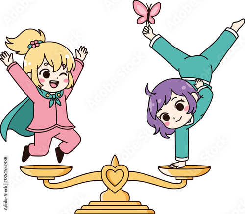 Cartoon characters balancing on golden scale with heart, joyful poses and butterfly, harmony theme, flat vector illustration