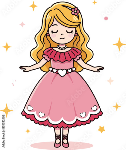 Cartoon princess girl with blonde hair, pink dress and flower, fairy tale character, magical sparkle background, flat vector illustration