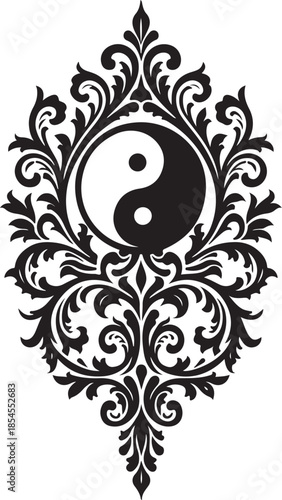 Black yin yang symbol with ornate floral scrollwork