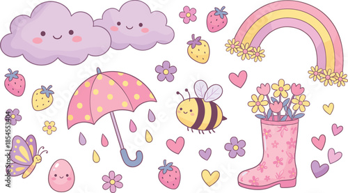 Spring cartoon collage with smiling clouds, rainbow, umbrella, flowers, fruits, animals, hearts – flat vector illustration