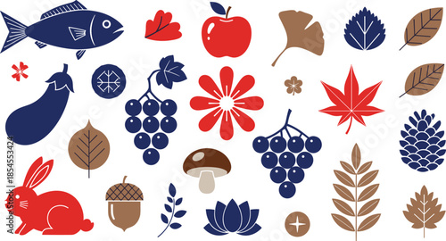 Stylized nature icons in red, blue, brown, seasonal flora and fauna, harvest theme, decorative layout, flat vector illustration