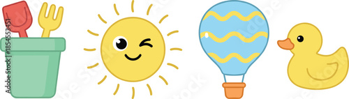 Summer cartoon icons with sun, beach toys, hot air balloon, rubber duck, playful outdoor fun – flat vector illustration