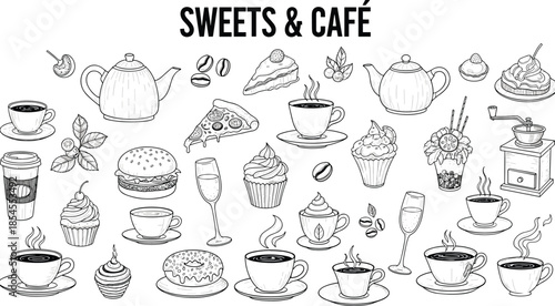 Sweets & Café icon set with coffee cups, desserts, teapots, pizza, grinder, festive food symbols, flat vector illustration
