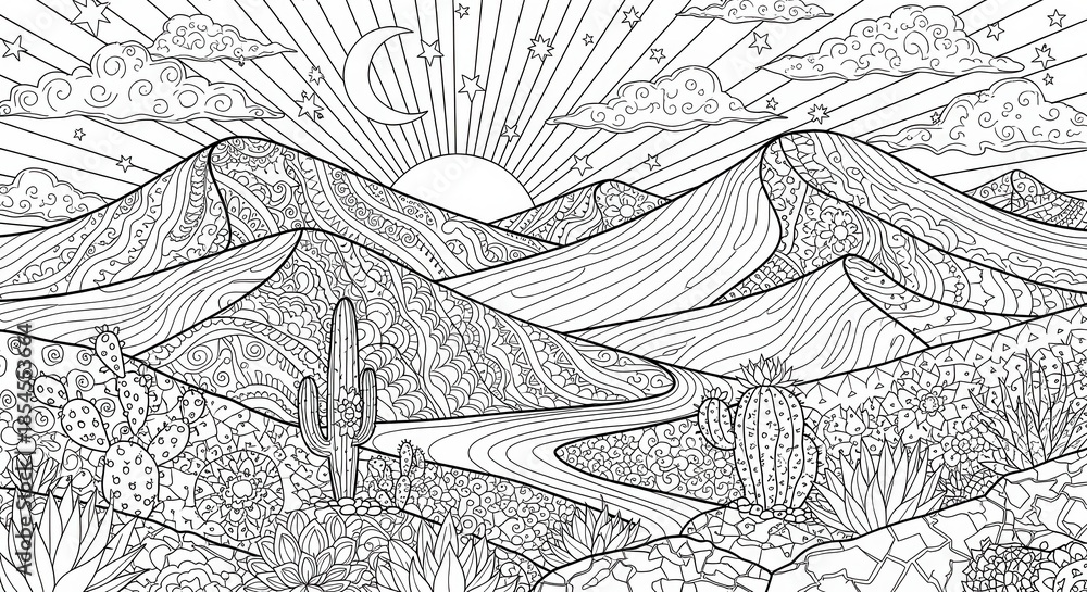 Fototapeta premium Intricate zentangle style drawing depicts a desert landscape scene with celestial bodies.