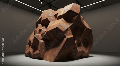 A massive faceted sculpture with a rusted metal texture is spotlit in a dimly lit minimalist art gallery