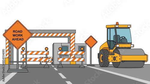 Dynamic road construction site illustration with heavy roller, warning signs, and safety barriers for ongoing work