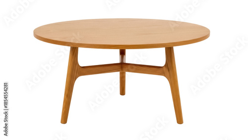 Round wooden coffee table isolated PNG on transparent background, mid-century modern furniture for living room interior design