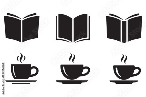 Book and coffee silhouette icon set on white background
