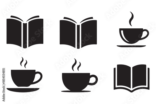 Book and coffee silhouette icon set on white background
