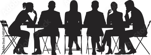 Business meeting silhouettes team discussion professional people sitting table corporate collaboration strategy brainstorming illustration isolated white background