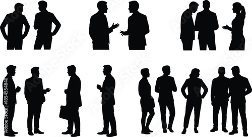 Business people discussion silhouettes men women talking meeting teamwork corporate communication black vector illustration isolated set