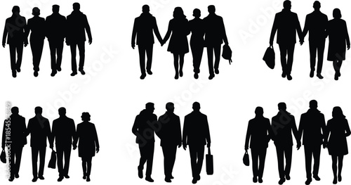 Business people walking silhouettes teamwork men women holding hands bags corporate group black vector illustration isolated set