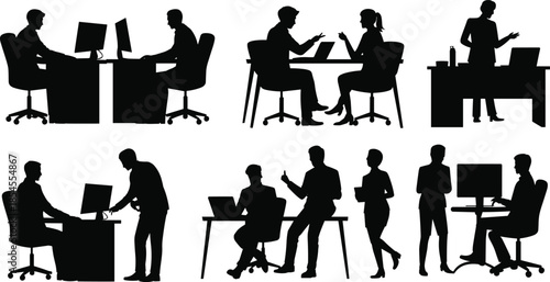 Business people working and meeting in office workspace silhouette teamwork communication corporate professional vector illustration isolated white background