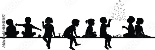 Children playing together silhouettes kids sitting bench blowing bubbles friendship childhood playtime illustration isolated white background outdoor fun joy concept