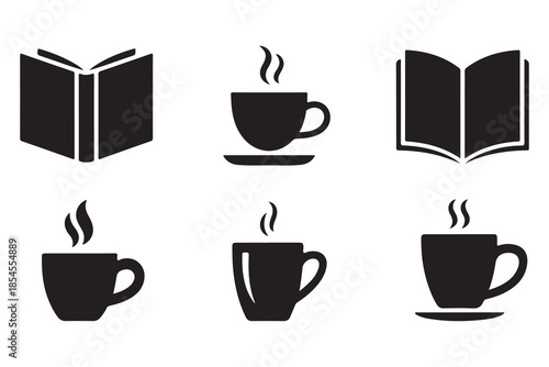 Book and coffee silhouette icon set on white background
