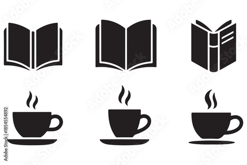 Book and coffee silhouette icon set on white background
