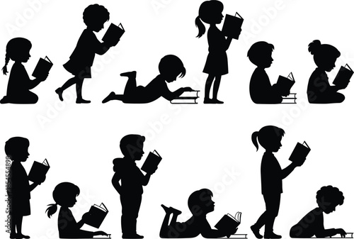 Children reading books silhouette collection kids learning education study activity illustration isolated on white background childhood literacy concept