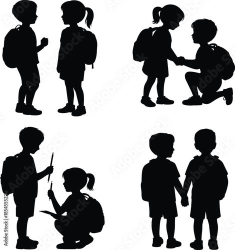 School children friendship silhouettes with backpacks kids helping sharing learning moments childhood education concept isolated white background illustration