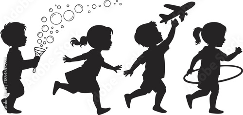 Silhouette of children playing with bubbles airplane and hoop representing imagination joy childhood fun isolated on white background illustration