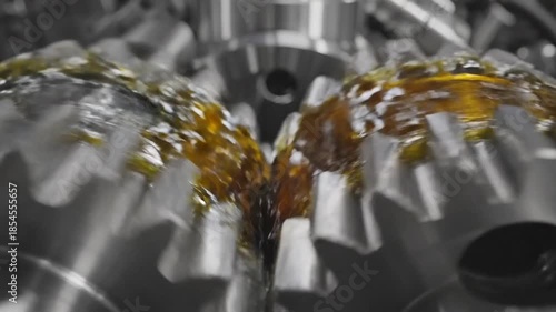 close-up view of machine gears being lubricated with golden oil in slow motion