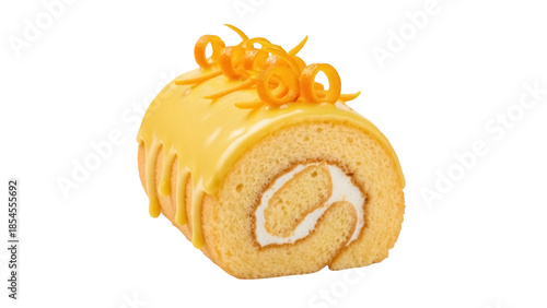 Bild auf Leinwand Delicious orange swiss roll cake isolated PNG, sponge cake dessert with cream fi