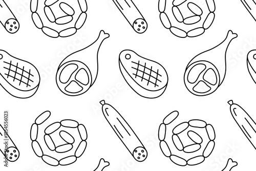 Flat cartoon vector illustration of black and white meat product pattern with steaks, chicken legs, sausages and ham, simple food theme, seamless design for packaging, menus and butcher shop projects